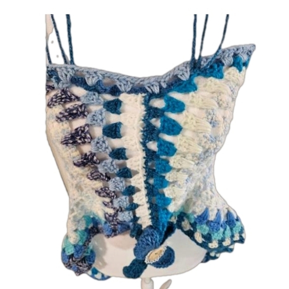 Hand Crafted crochet handmade top eclectic textile wearable art blue upcycled - Picture 10 of 16